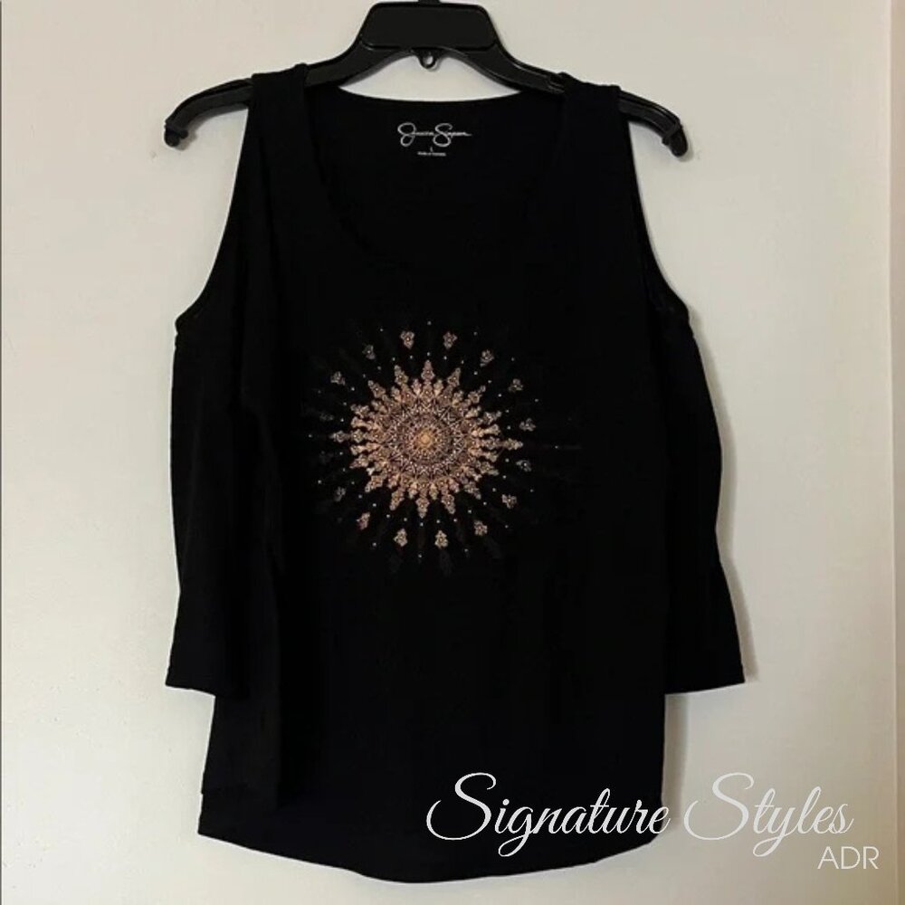 Jessica Simpson Black Top with Gold Sunburst – Size Large